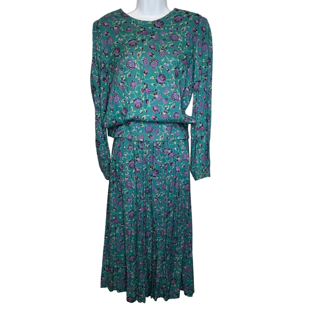 Vintage 1980's Horchow Womens Teal Purple Floral Midi 2 Piece Skirt Set Sz 8